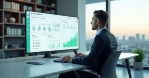 Advogado em escritório usando painel com fluxos automatizados por inteligência artificial