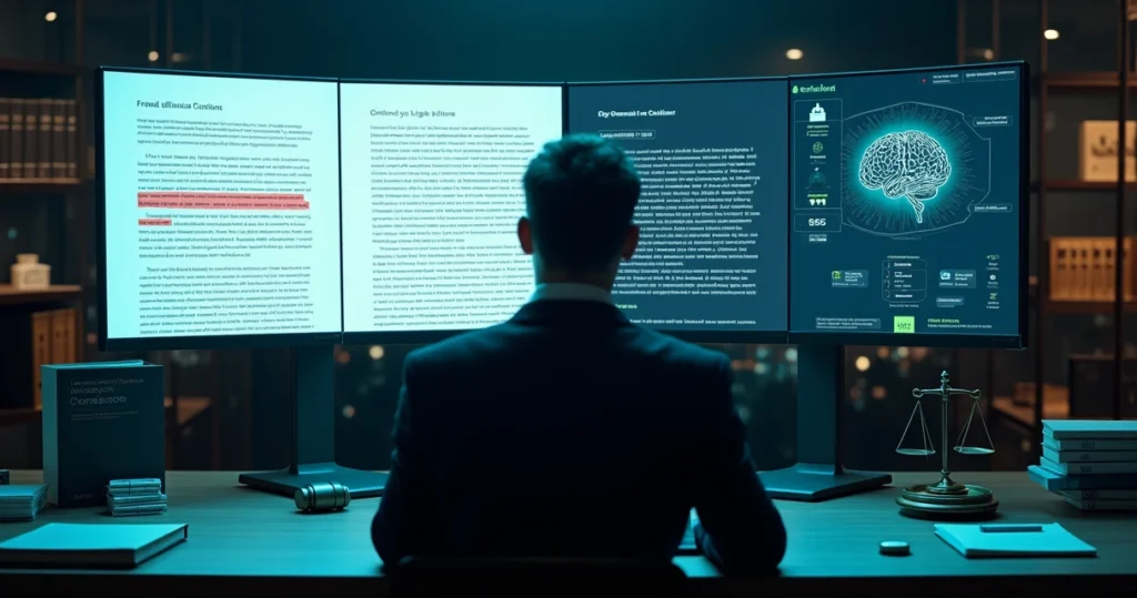 Advogado analisando documento jurídico em tela com inteligência artificial destacando alertas de erro