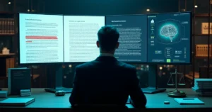 Advogado analisando documento jurídico em tela com inteligência artificial destacando alertas de erro