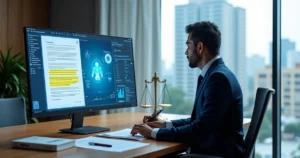 Advogada analisando no computador um modelo de petição gerado por inteligência artificial