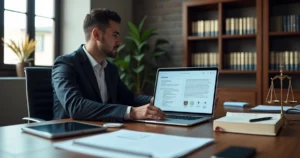 Advogado analisando petição em notebook com interface de inteligência artificial