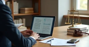 Advogado jovem usando notebook com tela de código e ícone de justiça