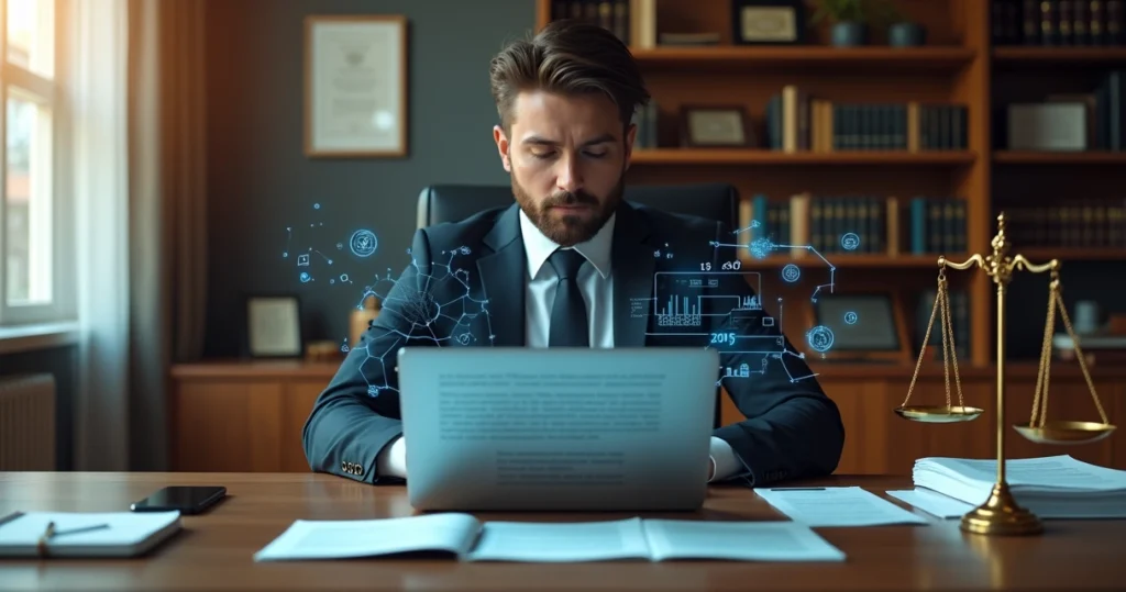 Advogada analisando petição em notebook com ícones de inteligência artificial e símbolo da balança da justiça ao fundo