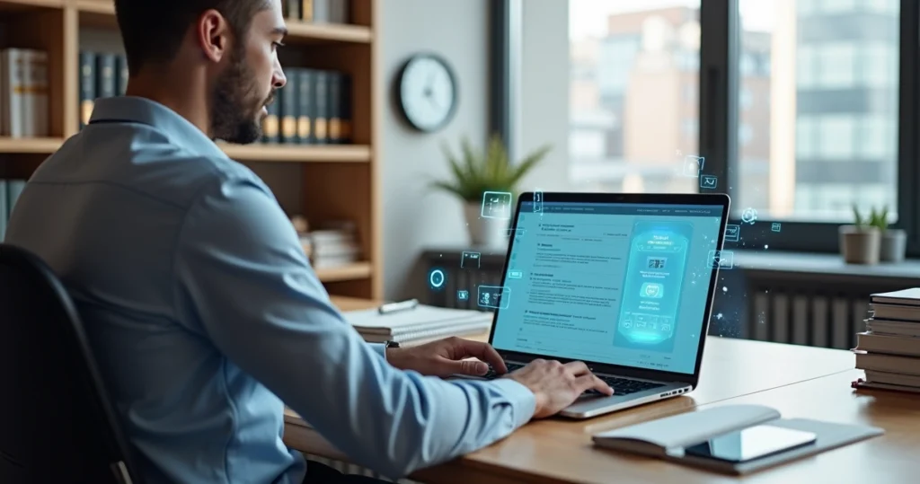 Advogado em escritório moderno usando notebook com interface de inteligência artificial