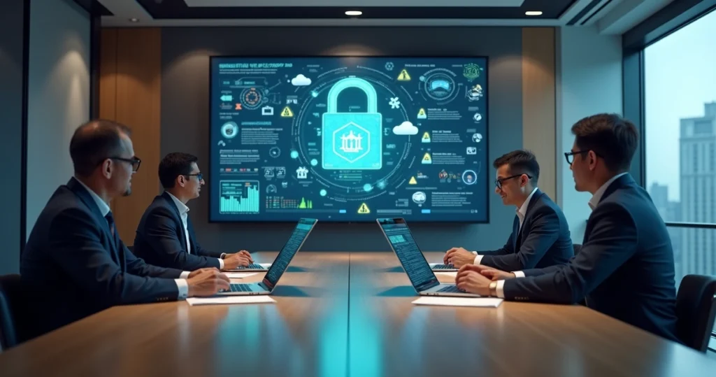 Advogados analisando políticas de compliance digital em telas com ícones de segurança de dados