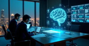 Advogados analisando contrato com interface digital de inteligência artificial