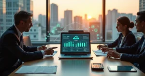Advogados avaliando soluções de IA acessíveis em escritório moderno