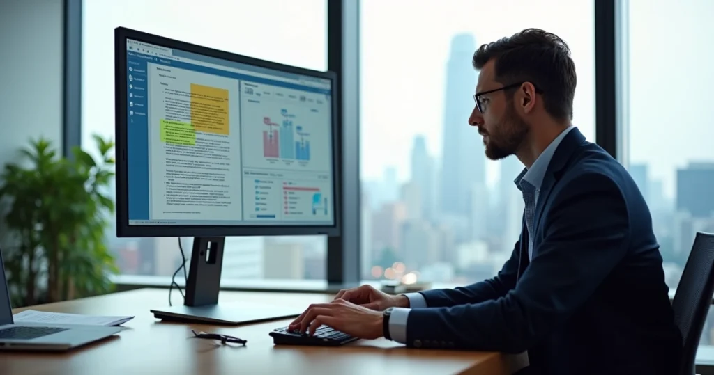 Advogado analisando contrato em tela com painel de inteligência artificial