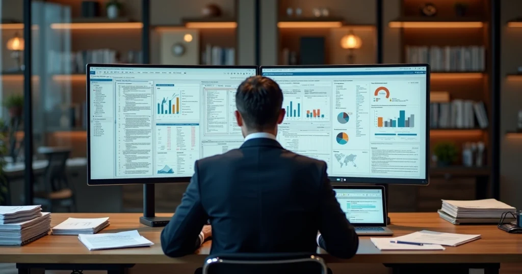 Advogado analisando sistema jurídico antigo em tela dividida com software moderno