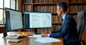 Advogado revisando petição jurídica gerada por inteligência artificial no computador