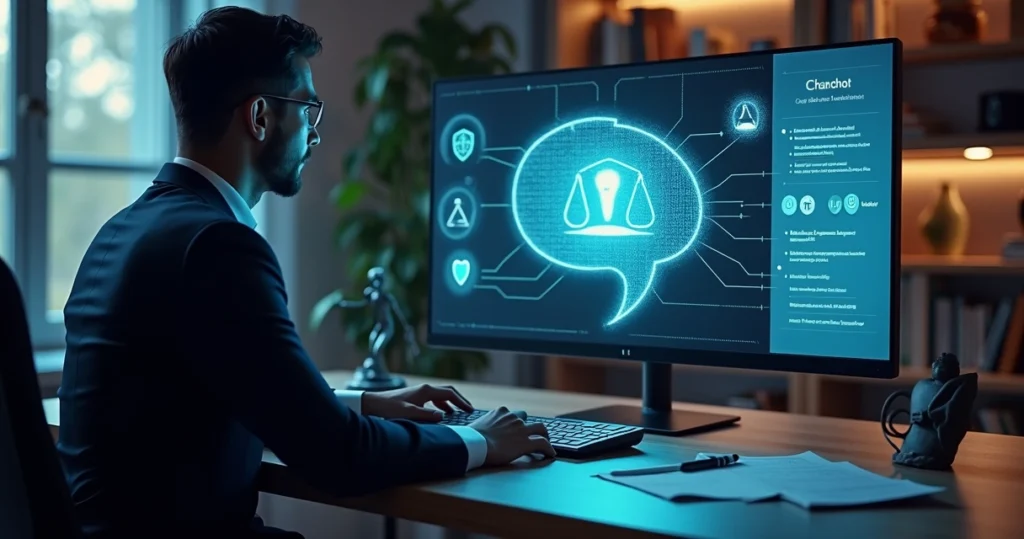 Advogada interagindo com chatbot jurídico em escritório moderno