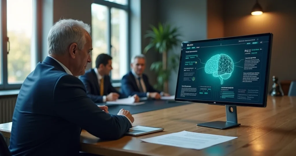 Advogado avaliando conciliação online com inteligência artificial na tela do computador
