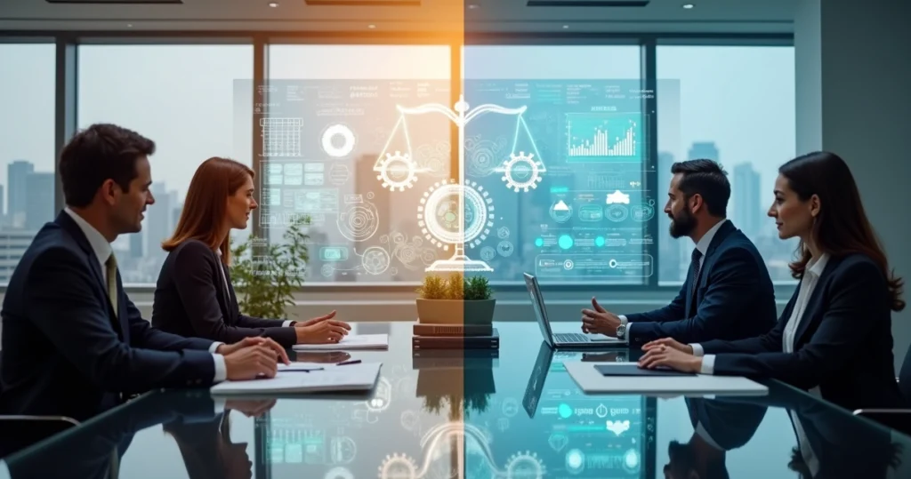 Comparação visual entre consultoria em IA personalizada e software jurídico pronto em um escritório de advocacia moderno