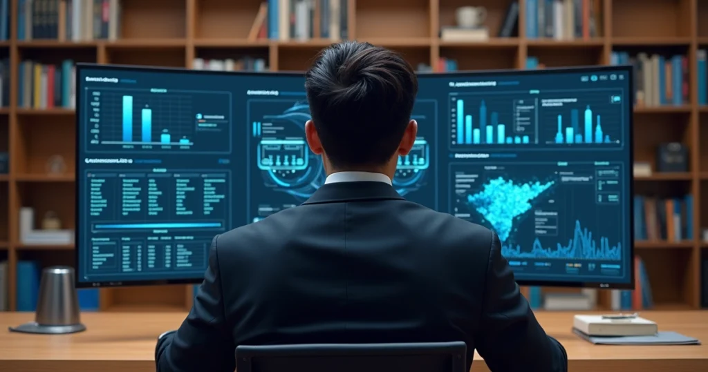 Advogado analisando dados jurídicos em tela com gráficos e processos digitais
