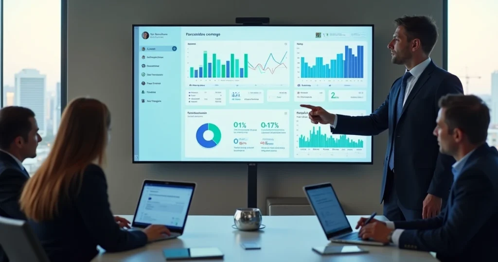 Gestor jurídico analisa dashboards de IA em tela grande com equipe ao fundo