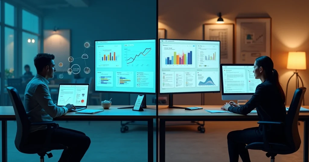 Comparação visual entre serviços digitais e assistentes internos em um escritório jurídico moderno