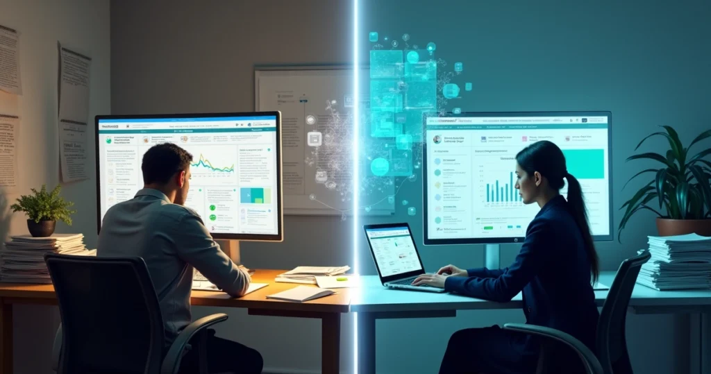 Comparação visual entre software jurídico tradicional e plataforma inteligente com IA