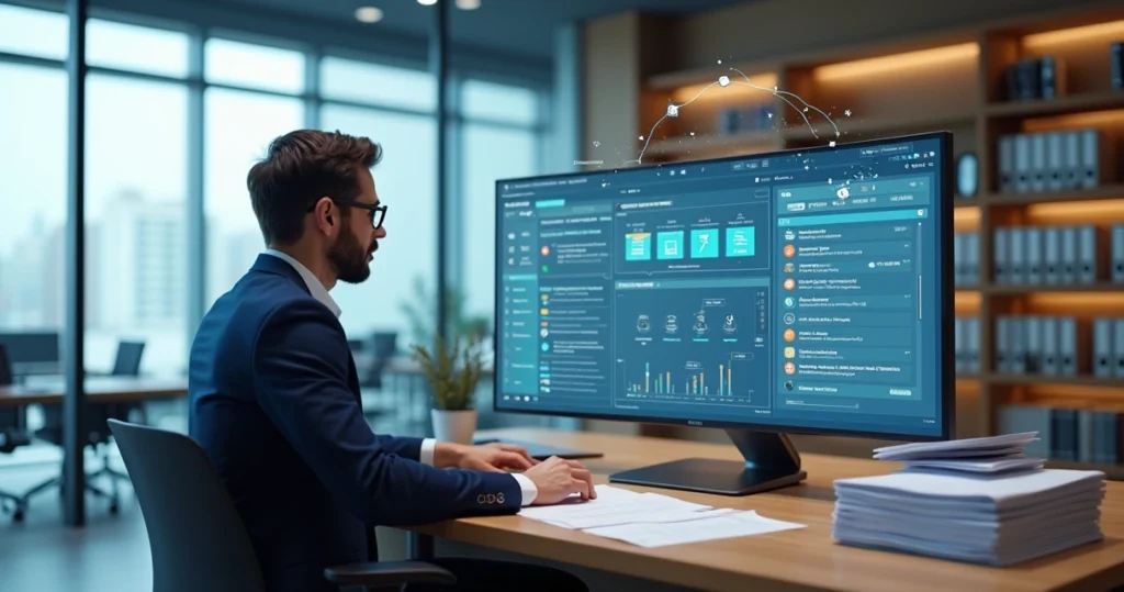 Advogado usando computador com painel de IA para organizar pilha de documentos empresariais