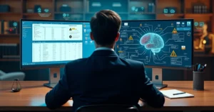 Advogado analisando integração entre software jurídico e inteligência artificial na tela do computador