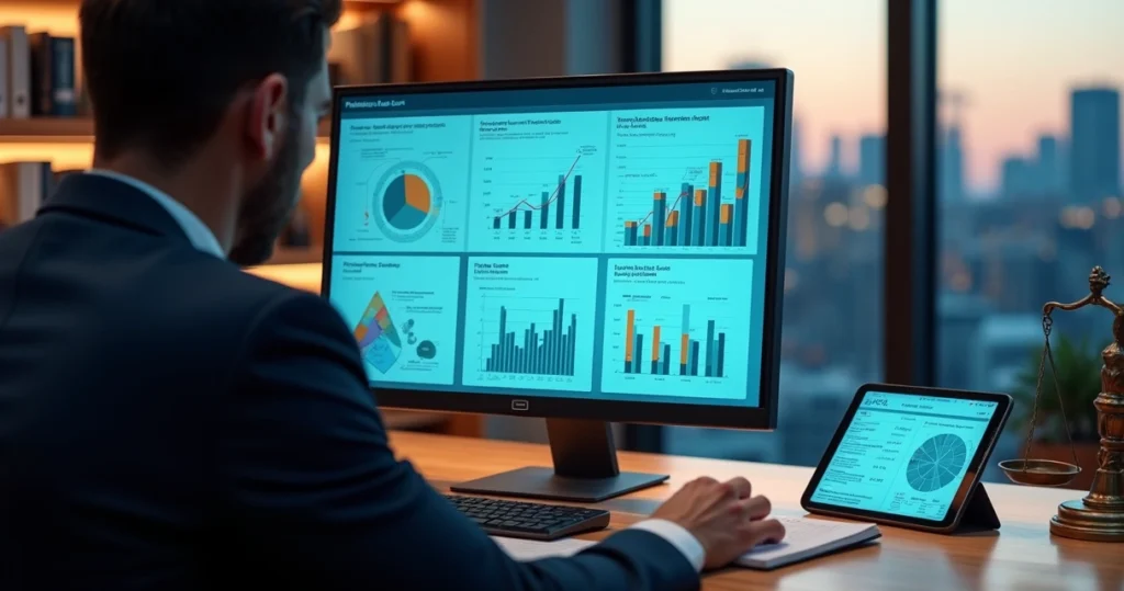 Advogado analisando relatório preditivo com gráficos jurídicos em tela de computador