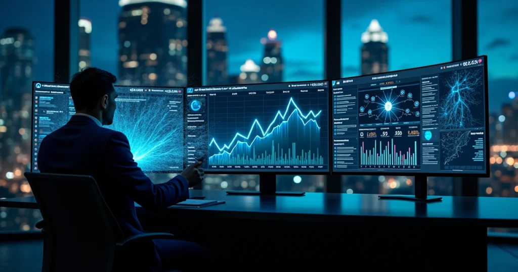 Advogado analisando painel de dados jurídicos com inteligência artificial