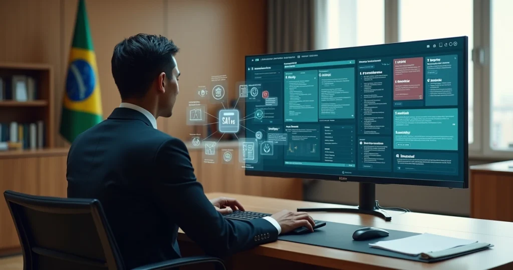 Juiz usando sistema de IA no computador com interface do PJe em destaque
