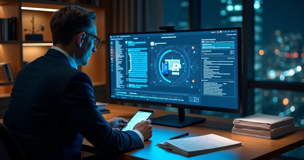 Advogado observando tela com provas digitais sendo analisadas por inteligência artificial