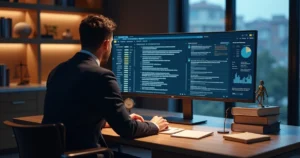 Advogado usando computador com painel de pesquisa jurisprudencial com IA